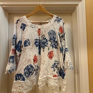 Chico's White Top with Red and Blue Floral Embroidery